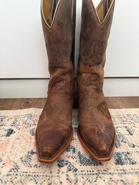 College TCU Nocona Tan Leather Cowboy Boots with Red Logo